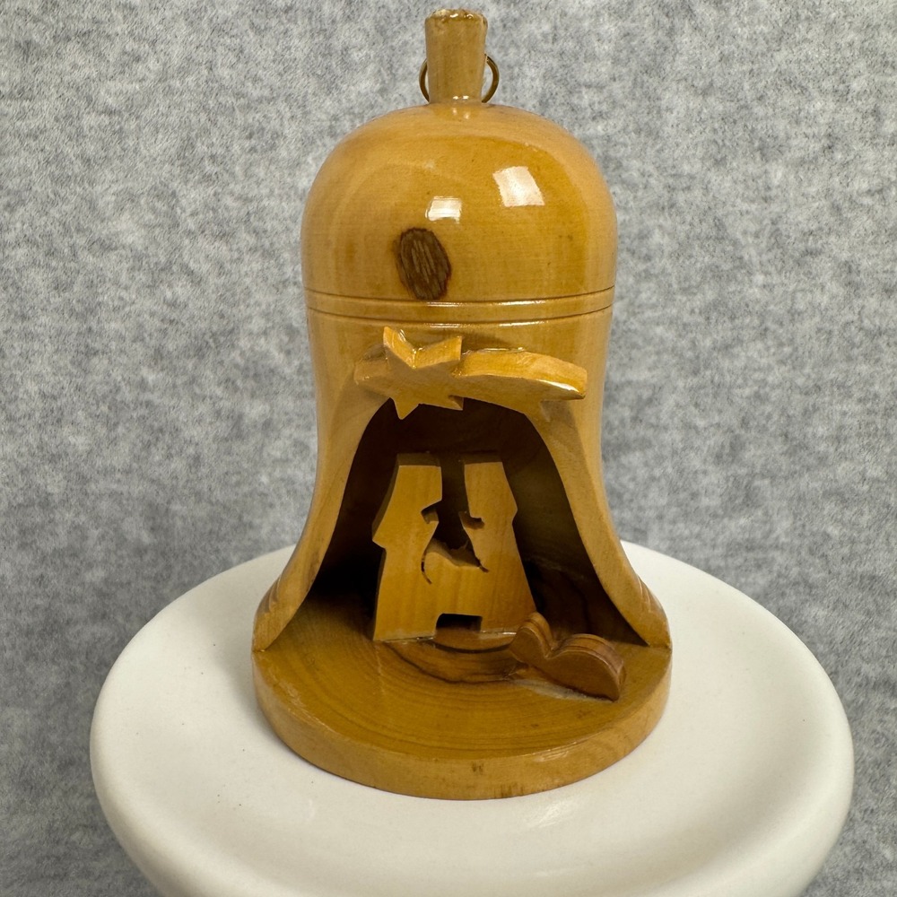 Hand-carved Olive Wood Bell 3D Nativity Scene Ornament Made in Bethlehem Israel